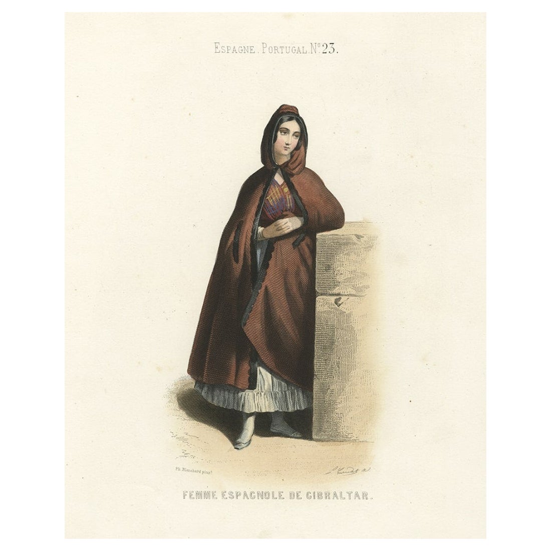 Impression ancienne colorée à la main d'une femme espagnole de Gibraltar, 1850