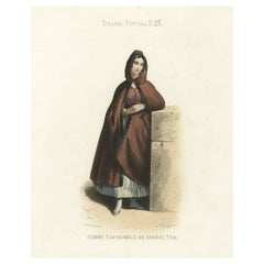 Grabado antiguo coloreado a mano de una mujer española de Gibraltar, 1850
