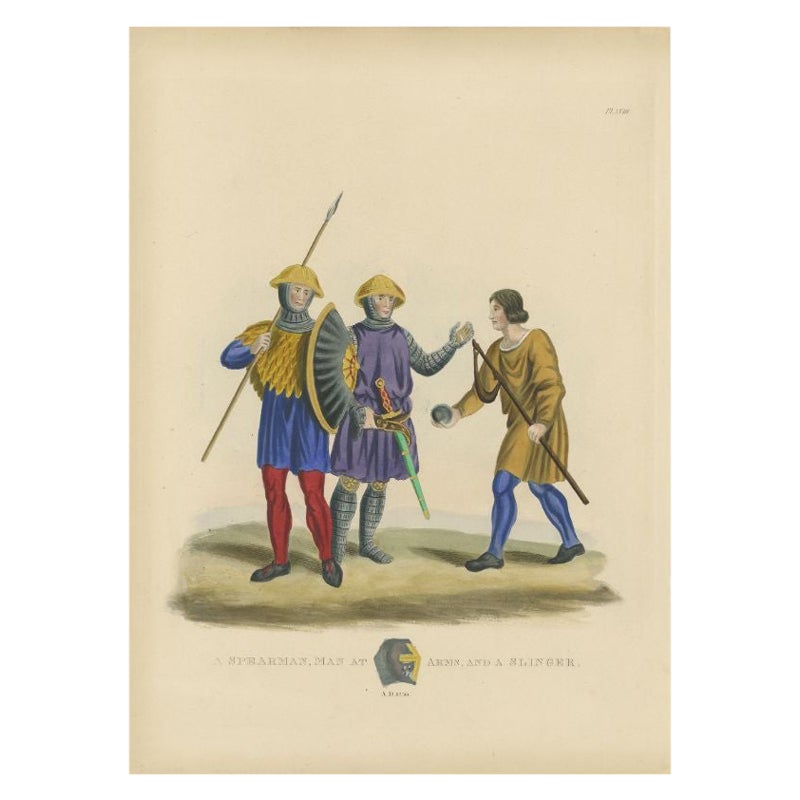 Impression ancienne colorée à la main d'un lanceur, 1842