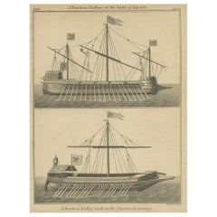 Antique Ship Print of a Venetian Galleas and Venetian Galley, 1802