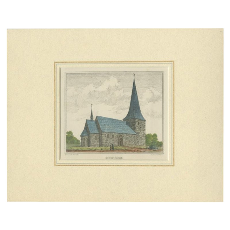 Antique Print of the Sørup Kirke in Denmark, 1864 For Sale