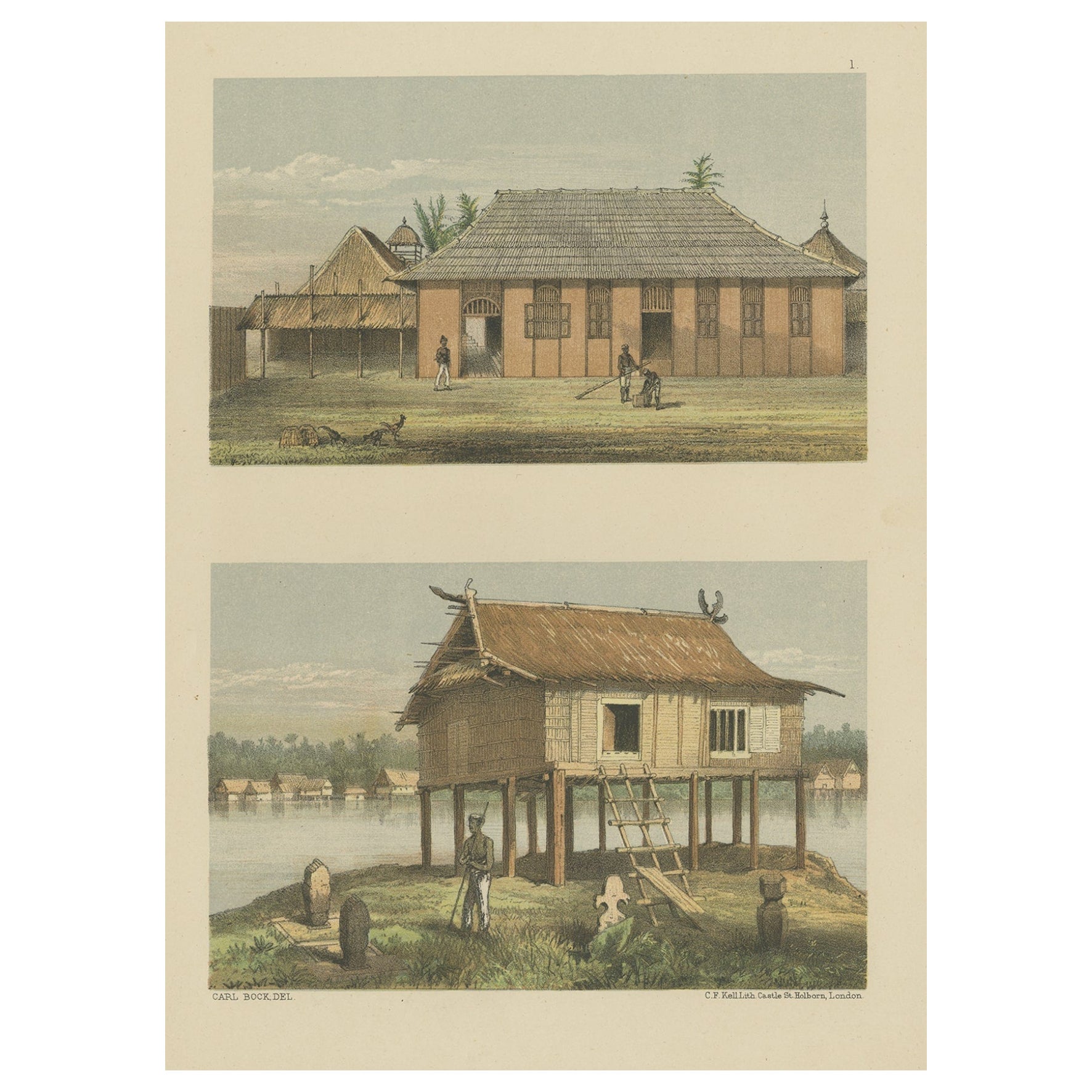 Antiker antiker Druck eines Malaya-Hauses auf Sumatra, Indonesien, 1881