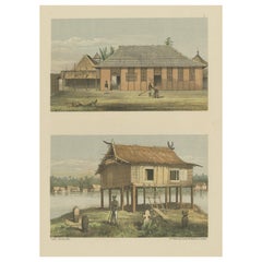 Antique Print of a Malayan Houses in Sumatra, Indonesia, 1881