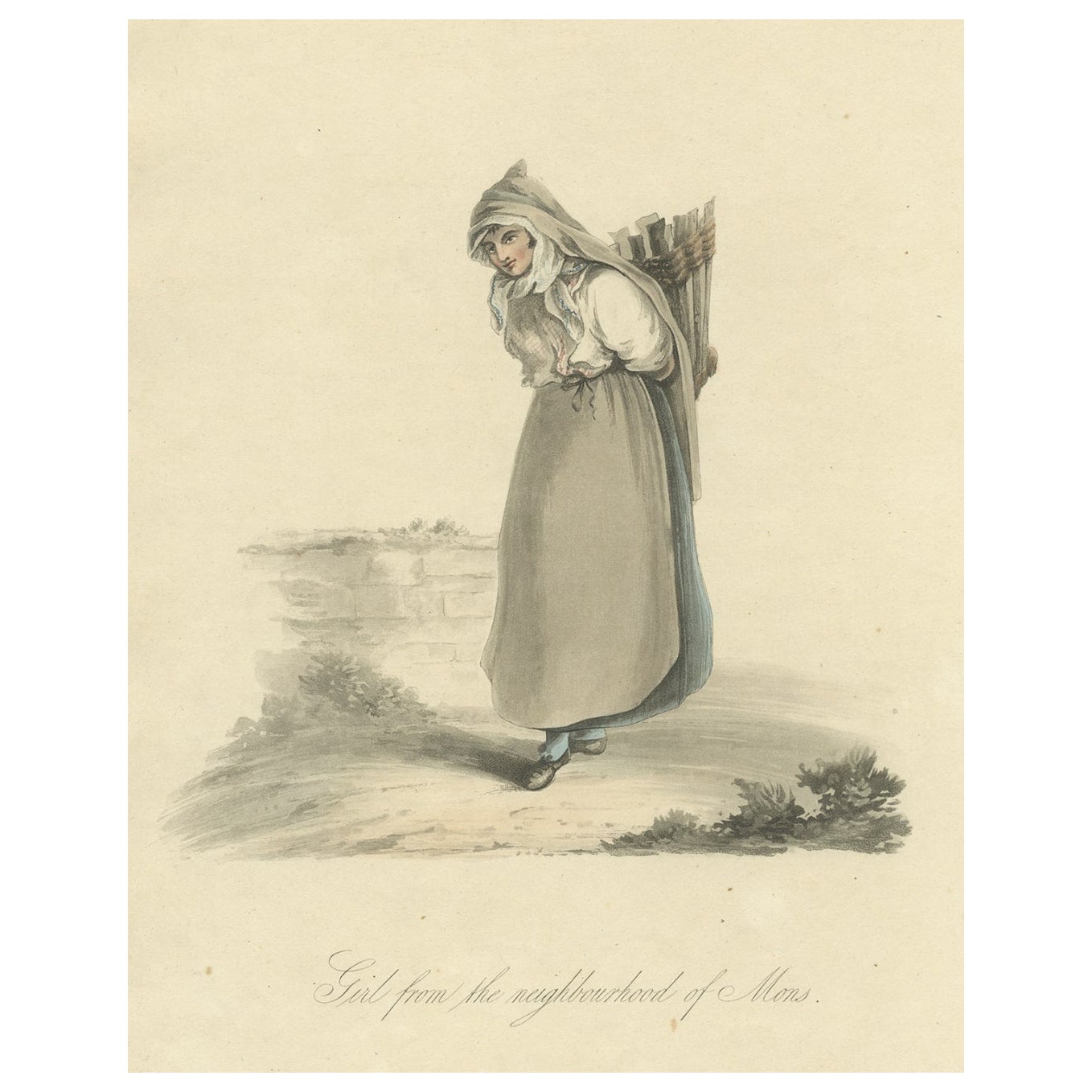 Gravure décorative d'une fille de Mons ou de Bergen en Haïti, Belgique, 1817 en vente