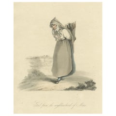 Antique Decorative Engraving of a Girl from Mons or Bergen in Hainaut, Belgium, 1817
