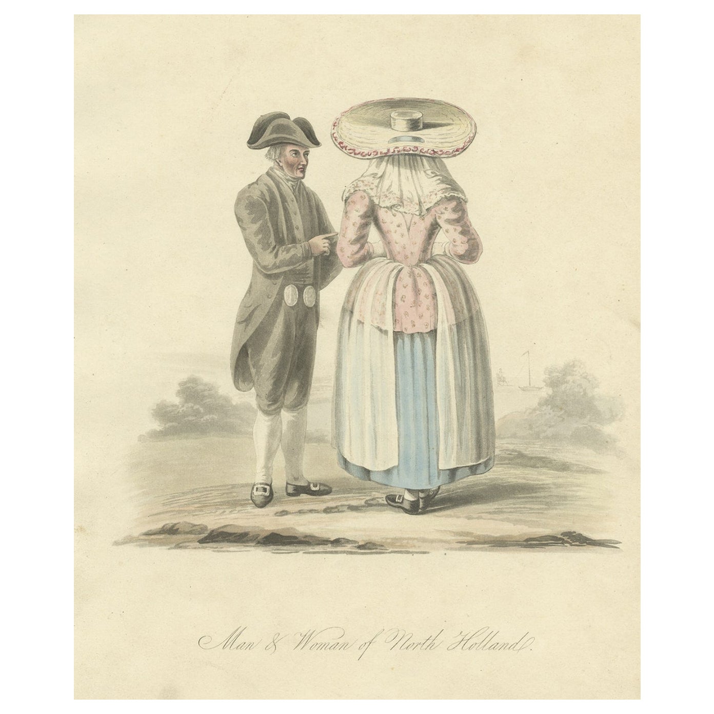 Antique Print of a Man and Woman of Noord-Holland, the Netherlands, circa 1817 For Sale