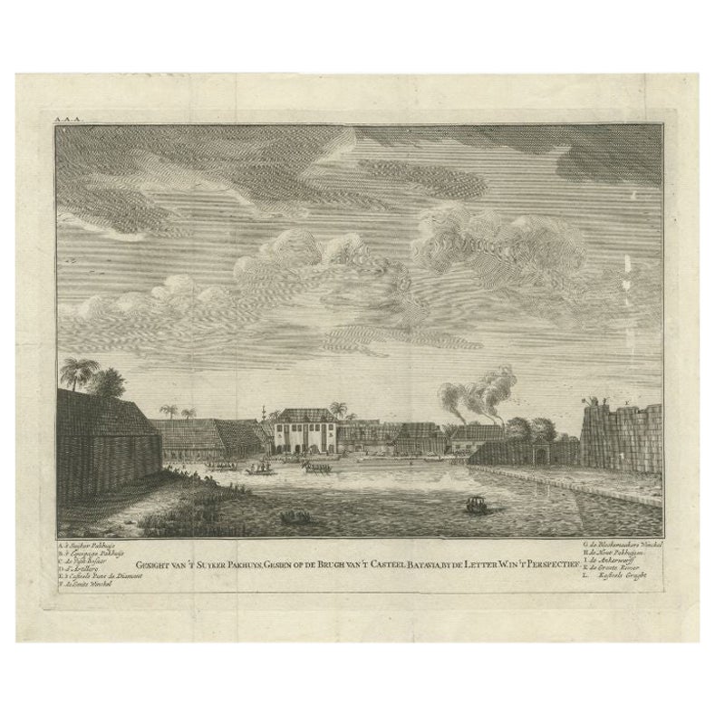 Antique Print of the Sugar Warehouse of Batavia (Jakarta), Indonesia, 1726 For Sale