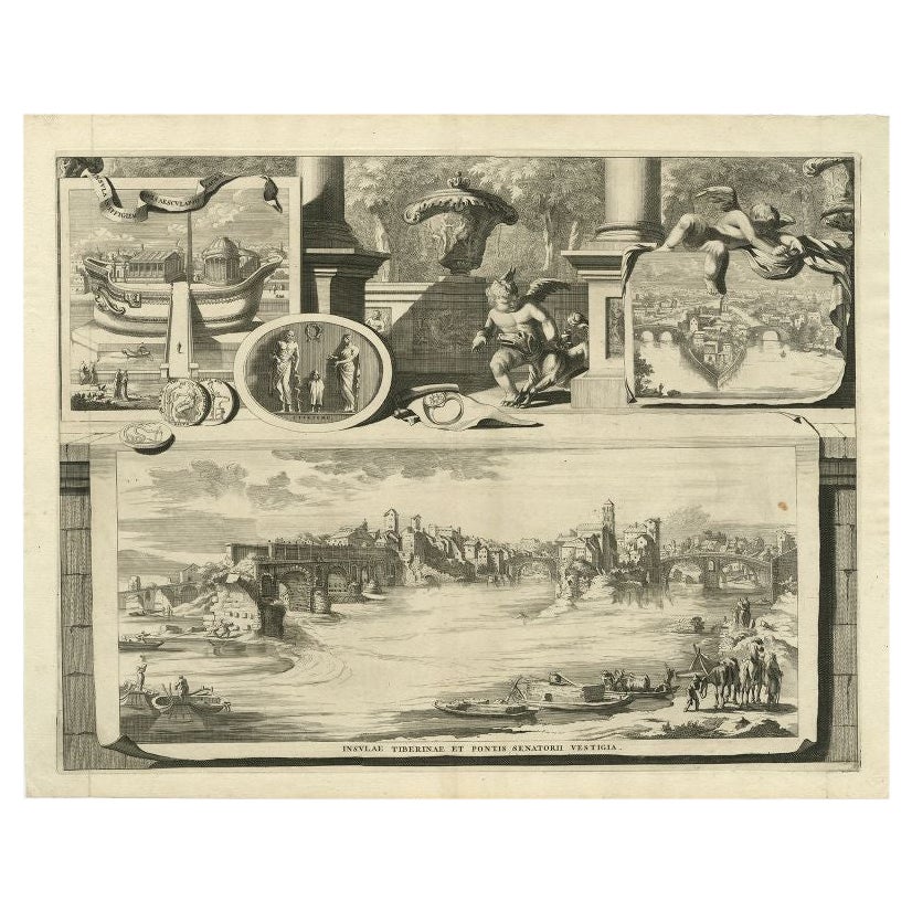Impression ancienne de la rivière Tibre à Rome, Italie, 1704 en vente