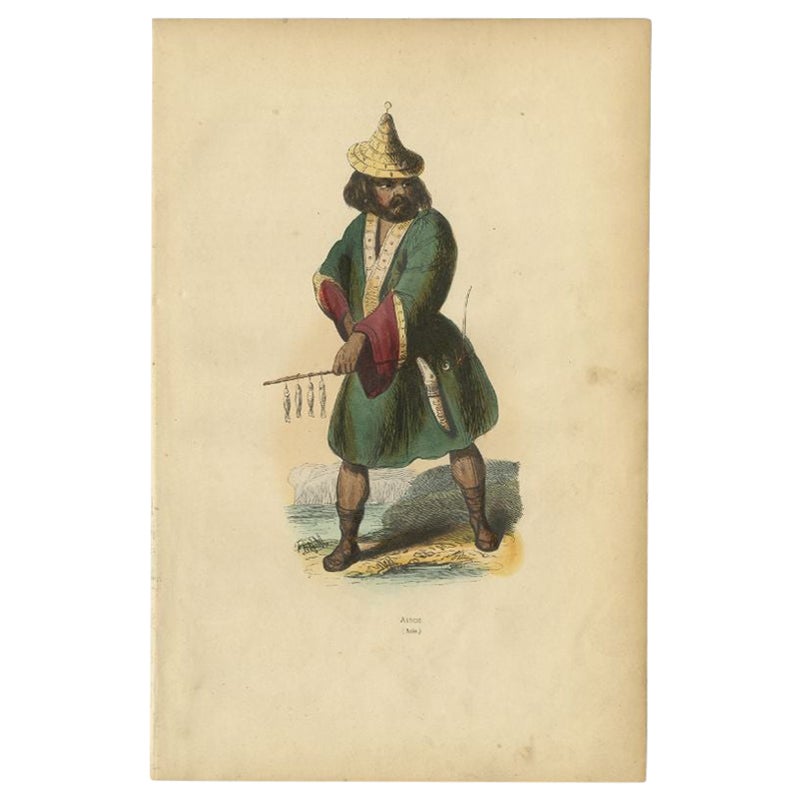 Antique Print of an Ainu Man, circa 1843