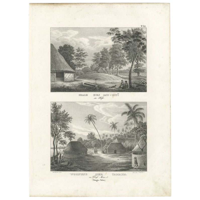 Impression ancienne du tombeau de Mu-Mu à Tonga, vers 1836
