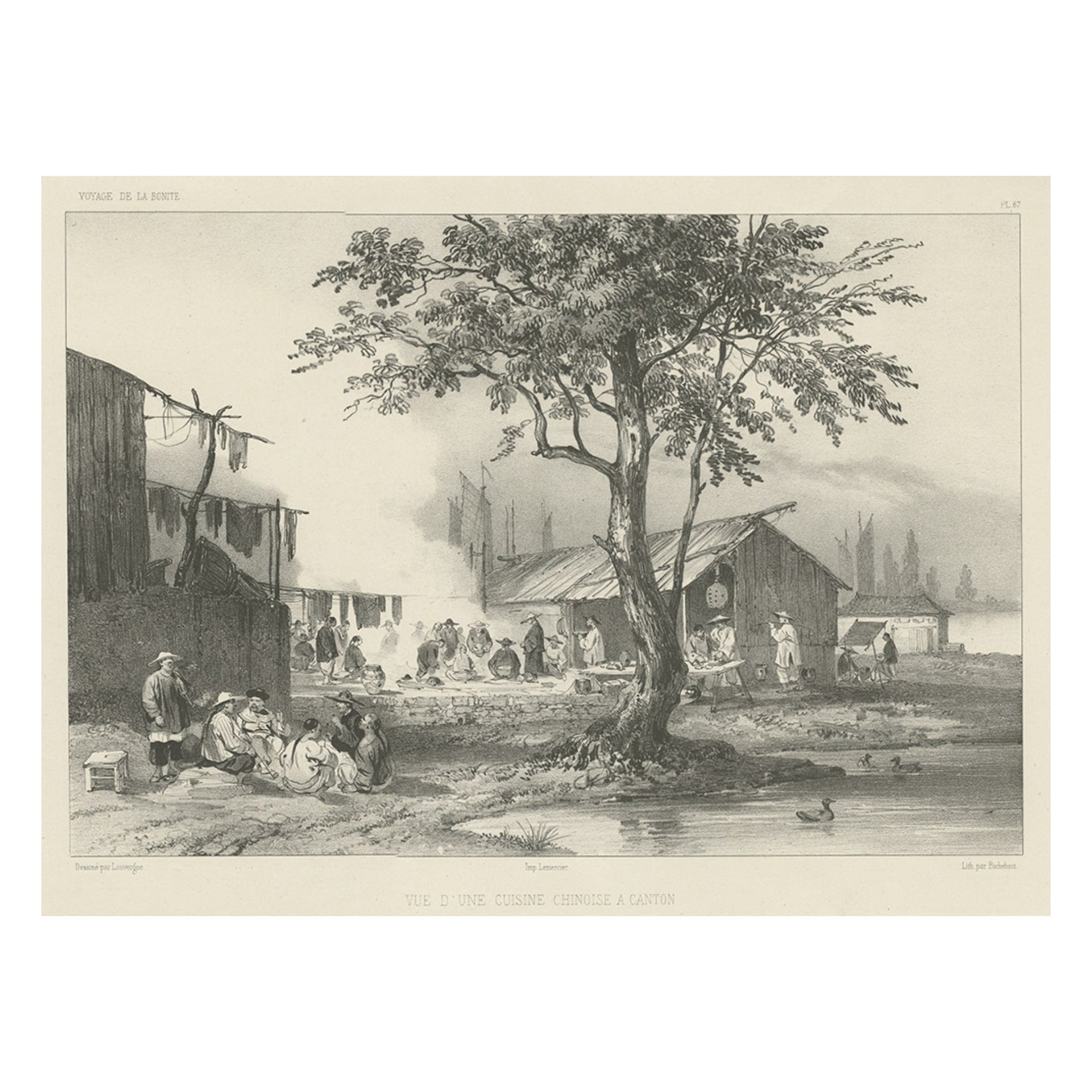 Antique Print of a Street Kitchen in Guangzhou in China, circa 1850 For Sale