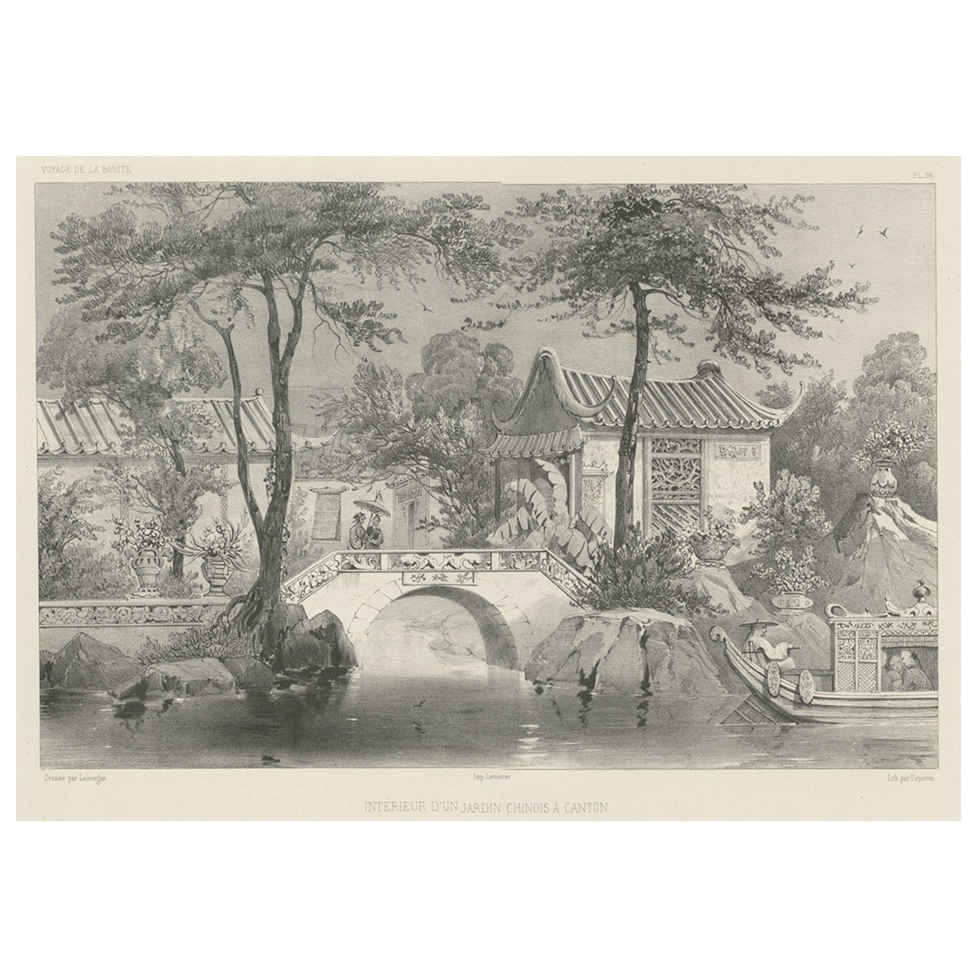 Impression ancienne d'un jardin à Guangzhou en Chine, vers 1850