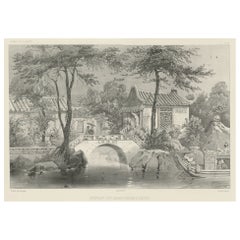 Antiker Druck eines Gartens in Guangzhou in China, um 1850