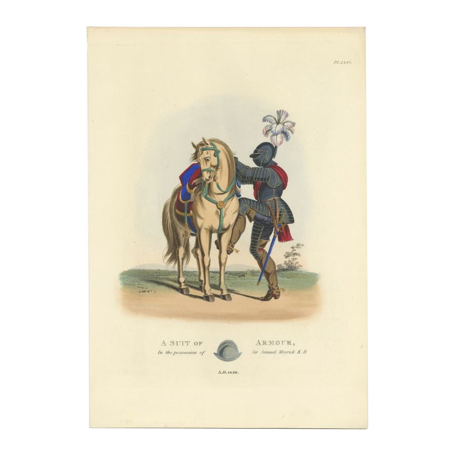 Impression originale colorée à la main d'un costume d'armure, 1842