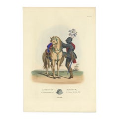 Impression originale colorée à la main d'un costume d'armure, 1842