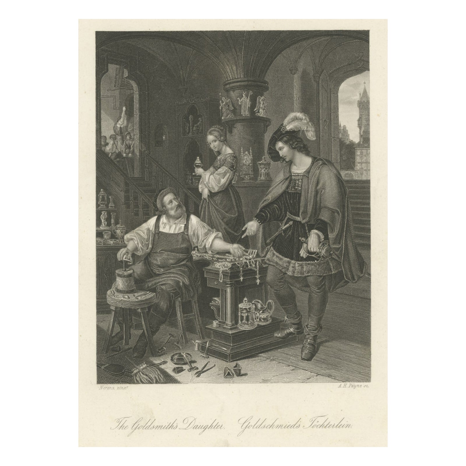 Antique Print of a Goldsmith and His Daughter, circa 1850 For Sale