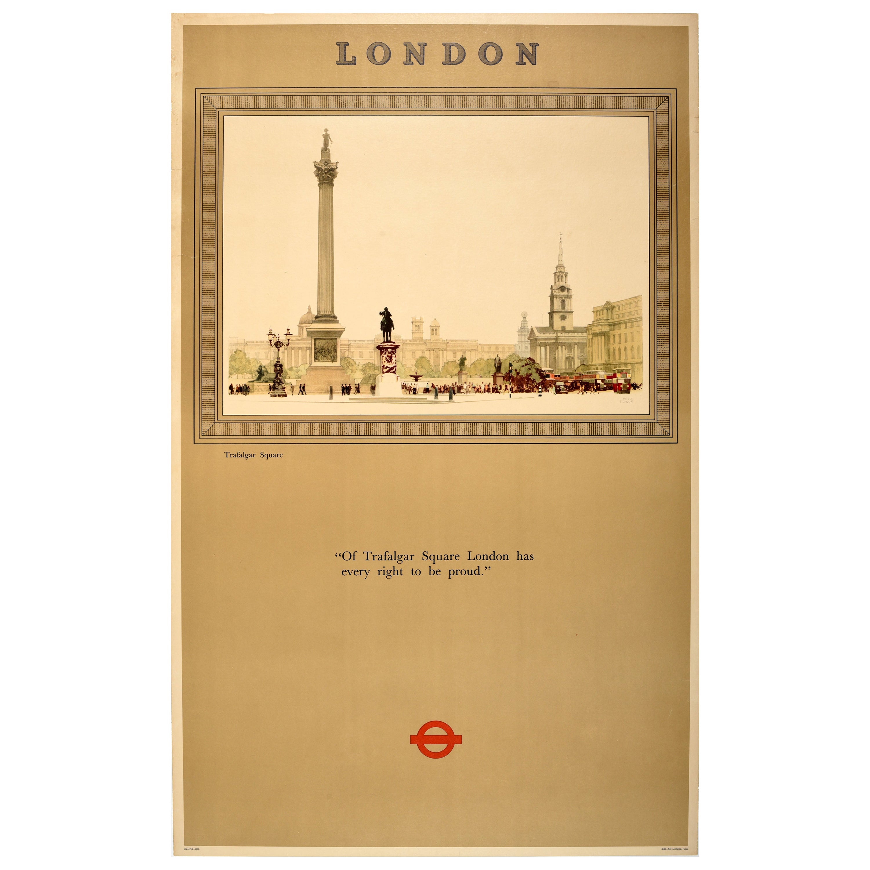 Original Vintage Post War London Underground Transport Trafalgar Square Taylor For Sale
