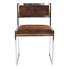 Mid-Century Italian Modern Willy Rizzo Chrome Brass and Suede Dining Chair