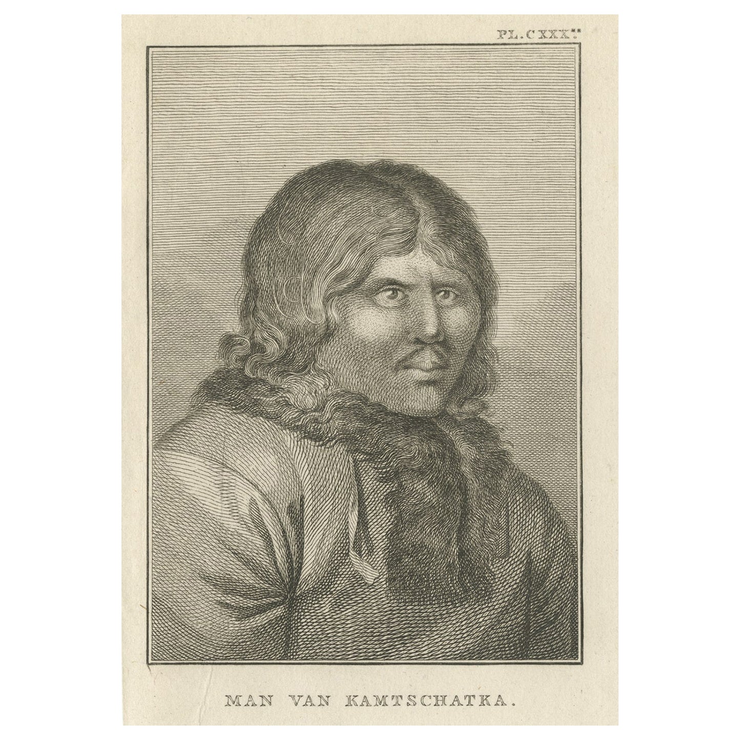 Gravure ancienne d'un homme du Kamchatka, Russie, par Cook, 1803