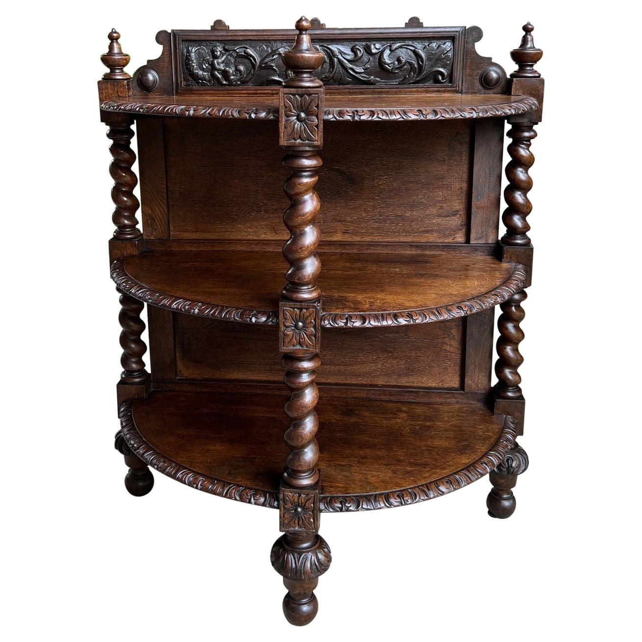 Antique French Demilune Table Bookcase Barley Twist Carved Oak Louis XIII c1890 For Sale