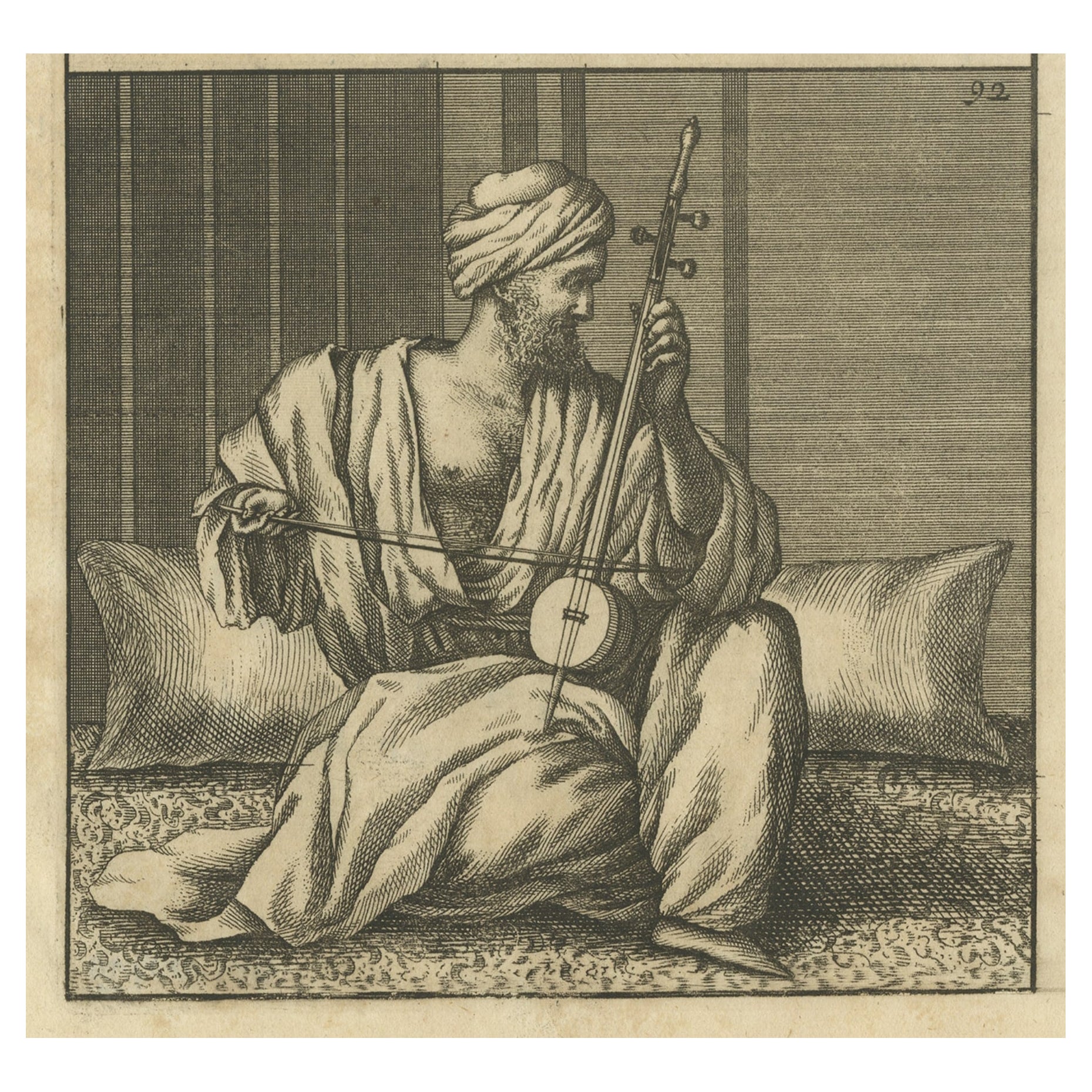 Seltener antiker Druck eines arabischen Mannes, der eine Violine oder eine Kamanche in Kairo spielt, 1698