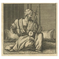 Rare gravure ancienne représentant un homme arabe jouant du violon ou du kamanche au Caire, 1698