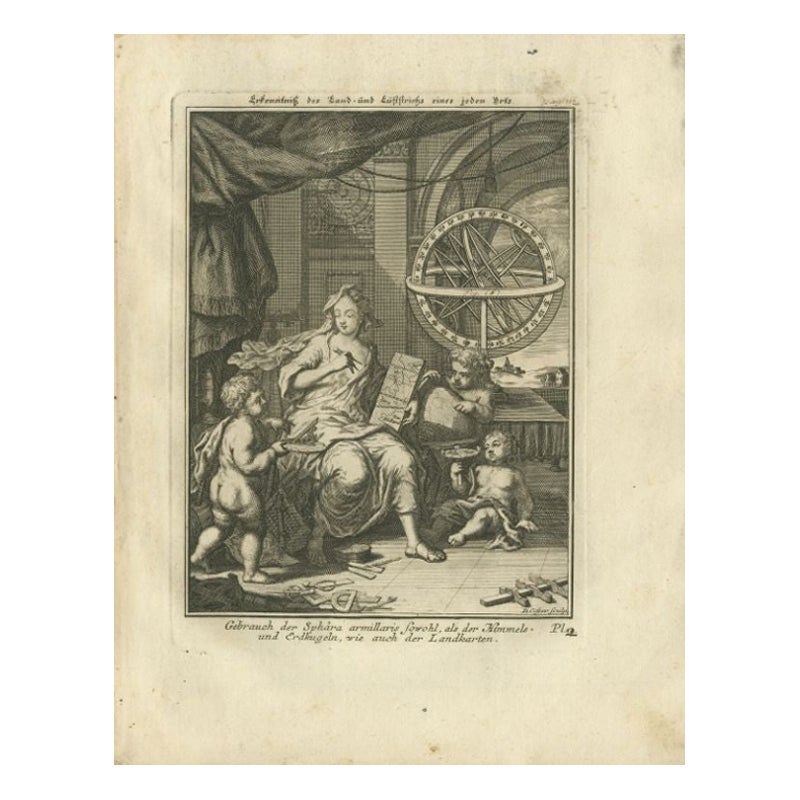 Gravure ancienne de l'utilisation d'une sphère armillaire par Van Dùren, 1749 en vente