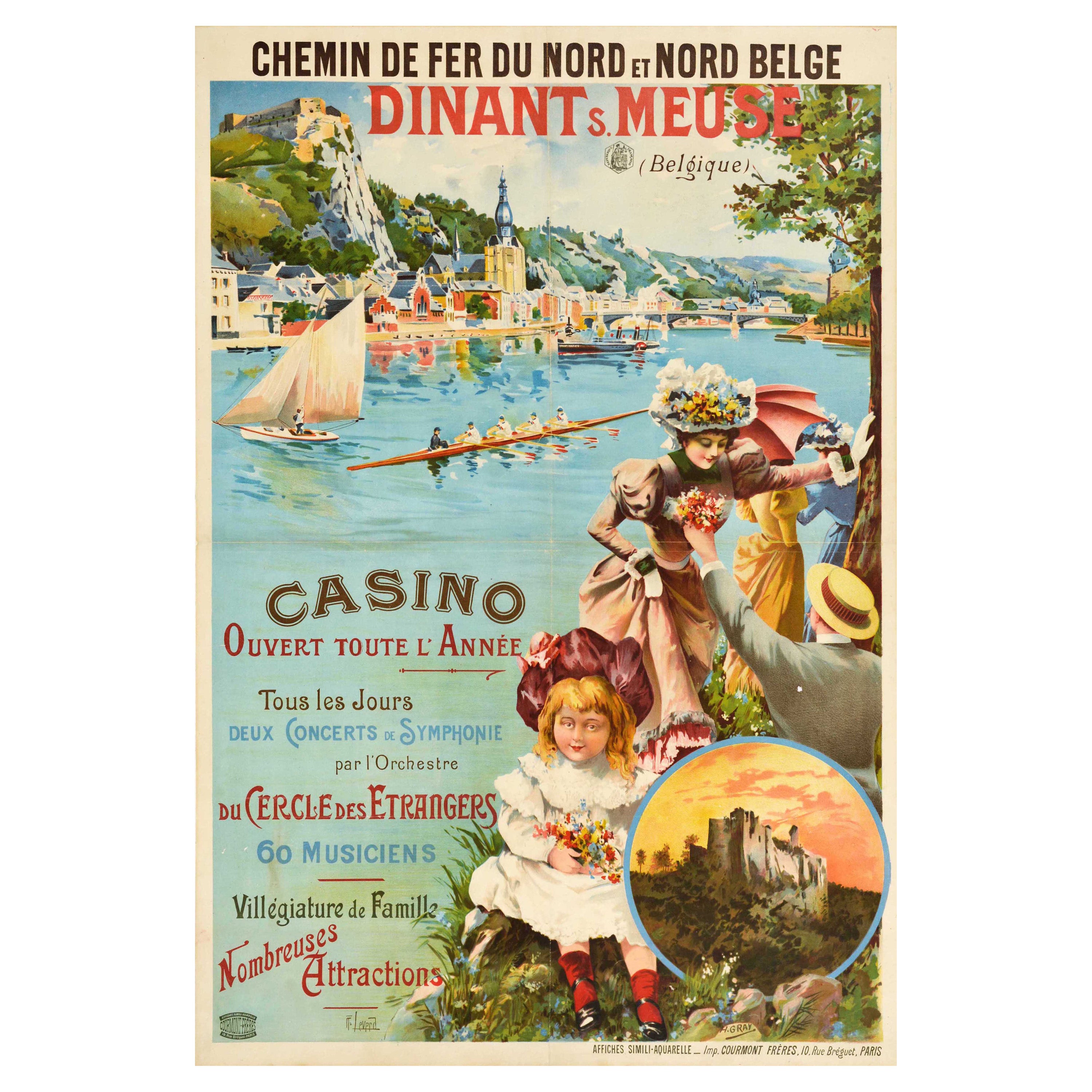 Original Antique North Belgium Railway Travel Poster Dinant Sur Meuse Belgique For Sale