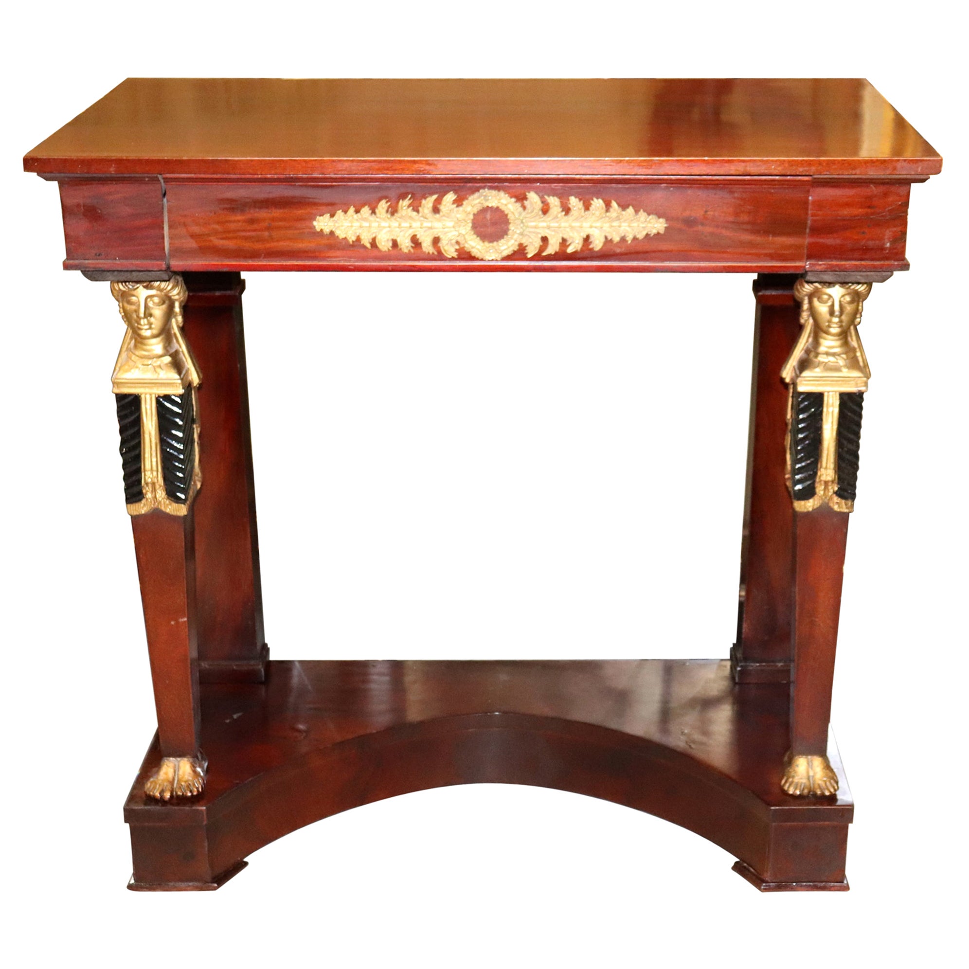 Fine Mahogany Gilded Egyptian Revival Narrow Console Table Bronze Ormolu 