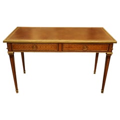 Bronze Mounted Leather Top Inlaid Kingwood Directoire Bureau Plat Writing Desk 