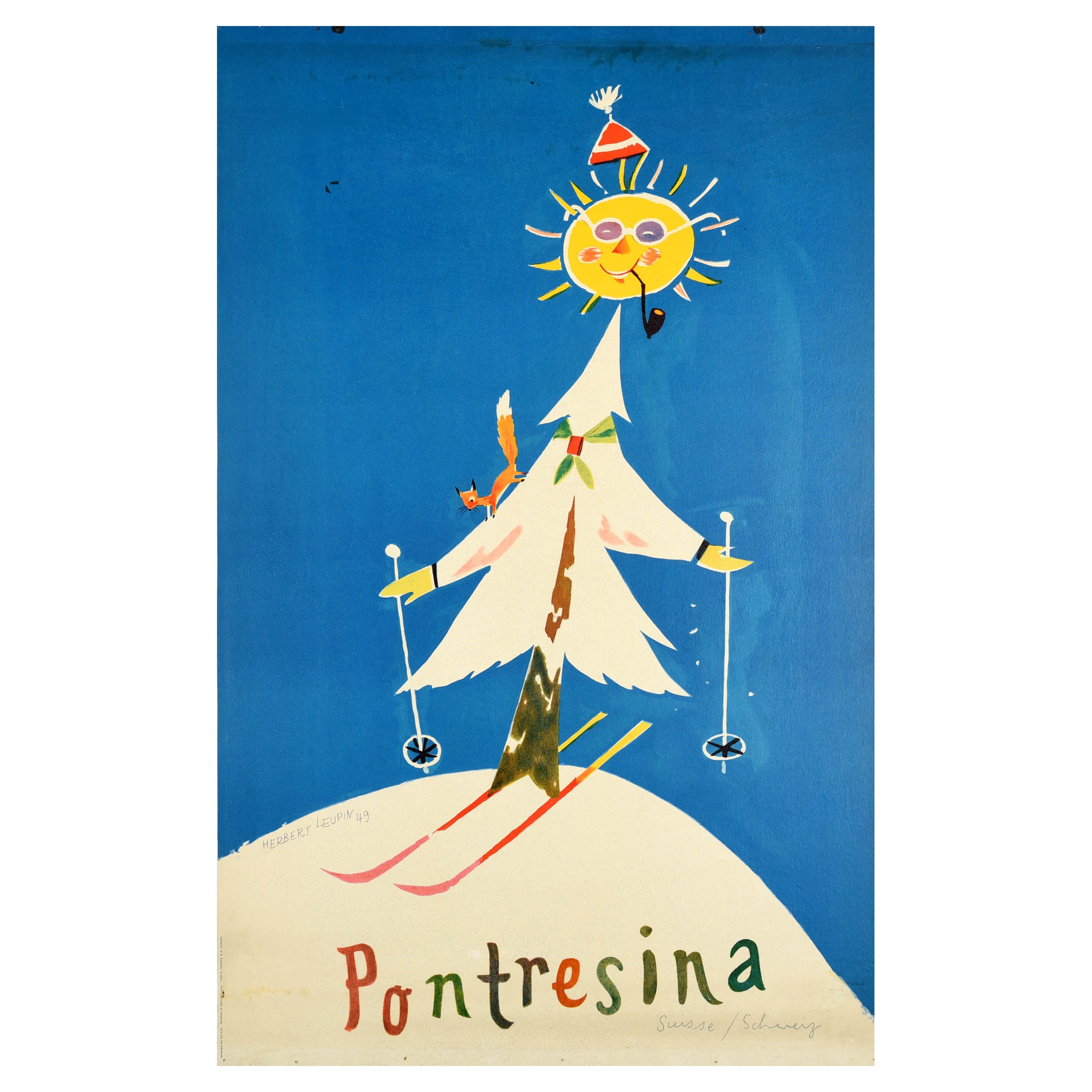 Affiche vintage d'origine de sports d'hiver vintage pour les stations de ski de Pontresina en Suisse, Leupin