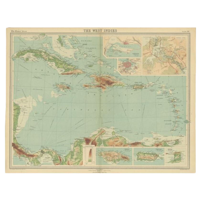 Antike Karte der Westindischen Inseln in voller Farbe, 1922