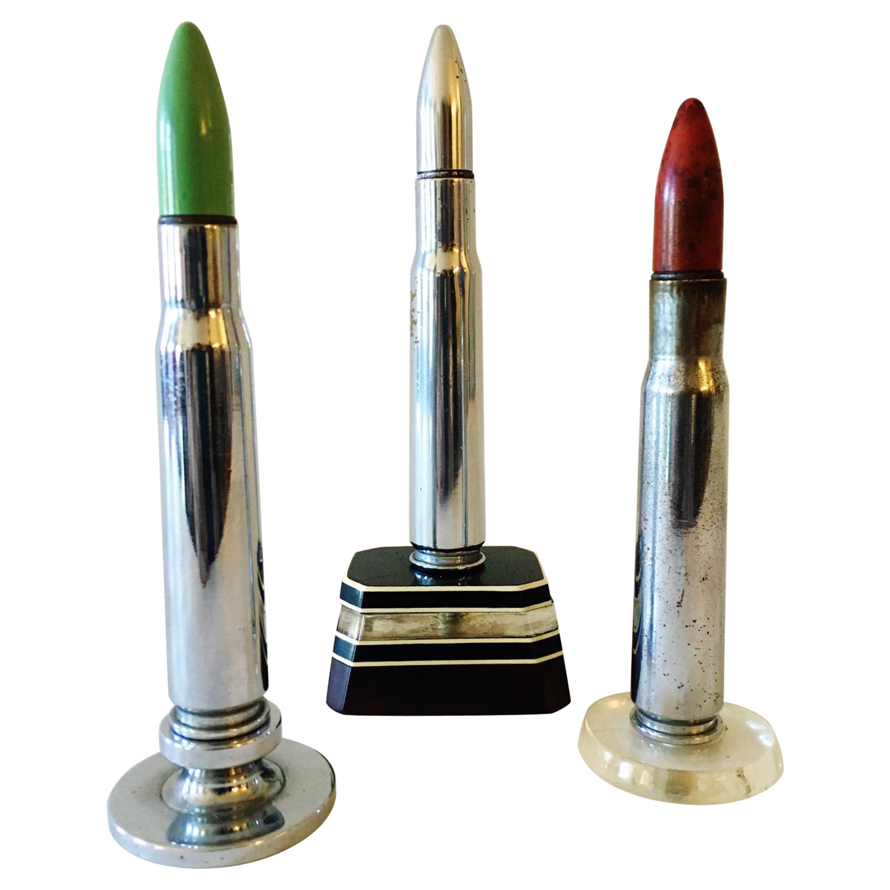 Group of 3 Trench Art American Chrome 50 Cal Cartridge Wheel & Flint Lighters For Sale