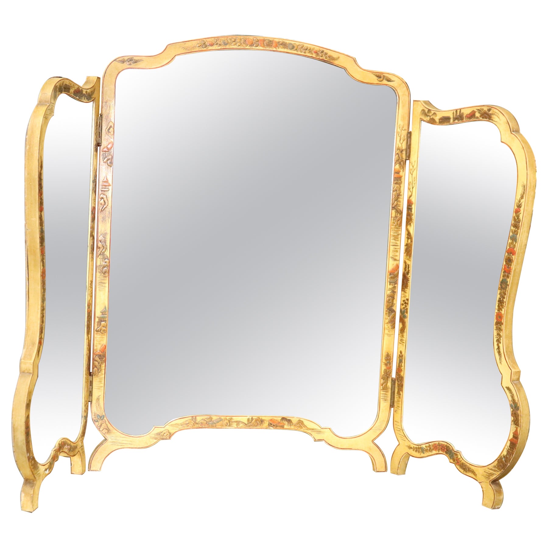 Tri-Fold Chinoiserie Paint Decorated Folding Vanity or Wall Mirror For Sale