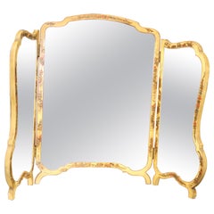 Tri-Fold Chinoiserie Paint Decorated Folding Vanity or Wall Mirror