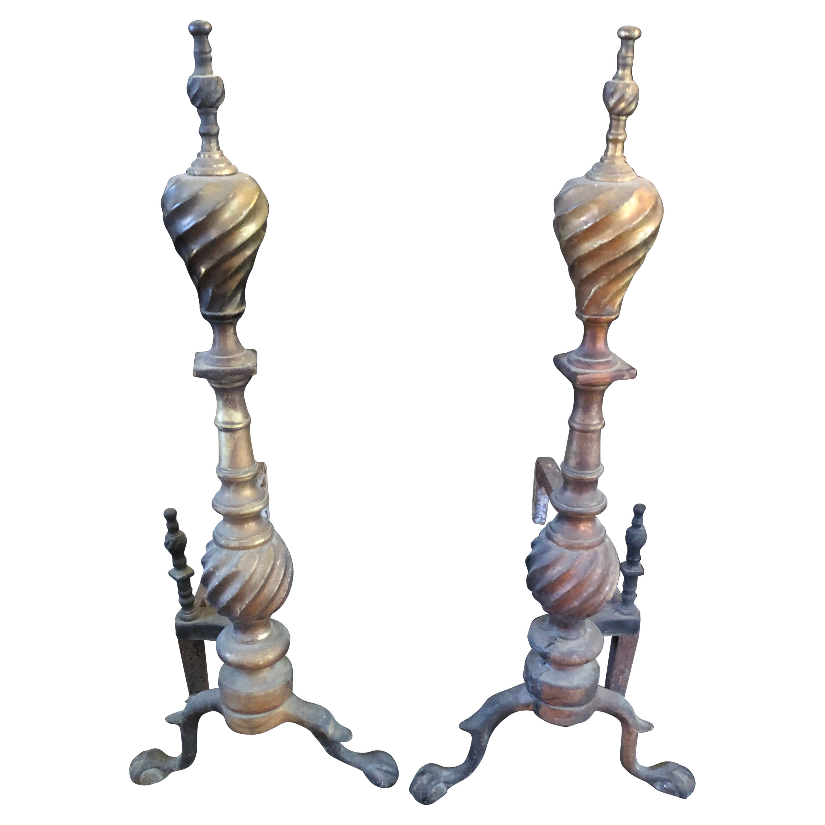 Weathered Antique Andirons with Swirly Finials For Sale