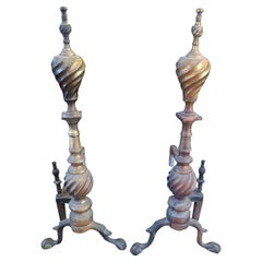 Weathered Antique Andirons with Swirly Finials