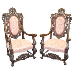 Monumental Pair Carved Walnut Baroque Rococo Throne Chairs 