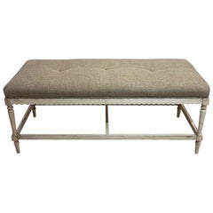 Antique Circa 19th Century Swedish Pale Grey Painted with Taupe Linen Stool or Bench