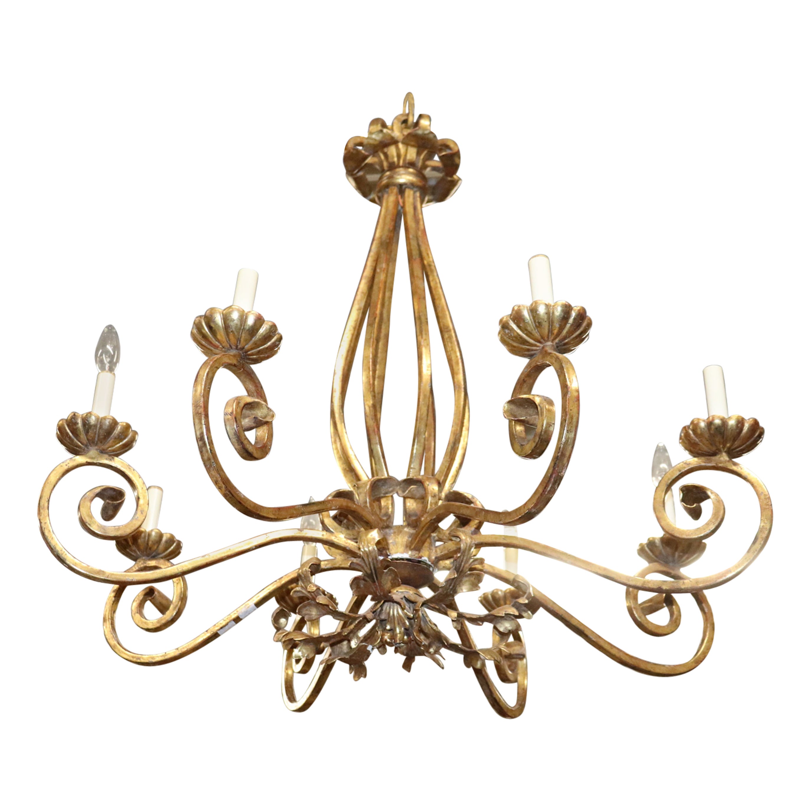 Bright Gilded Wrought Iron Italian 8 Light Hollywood Regency Chandelier For Sale