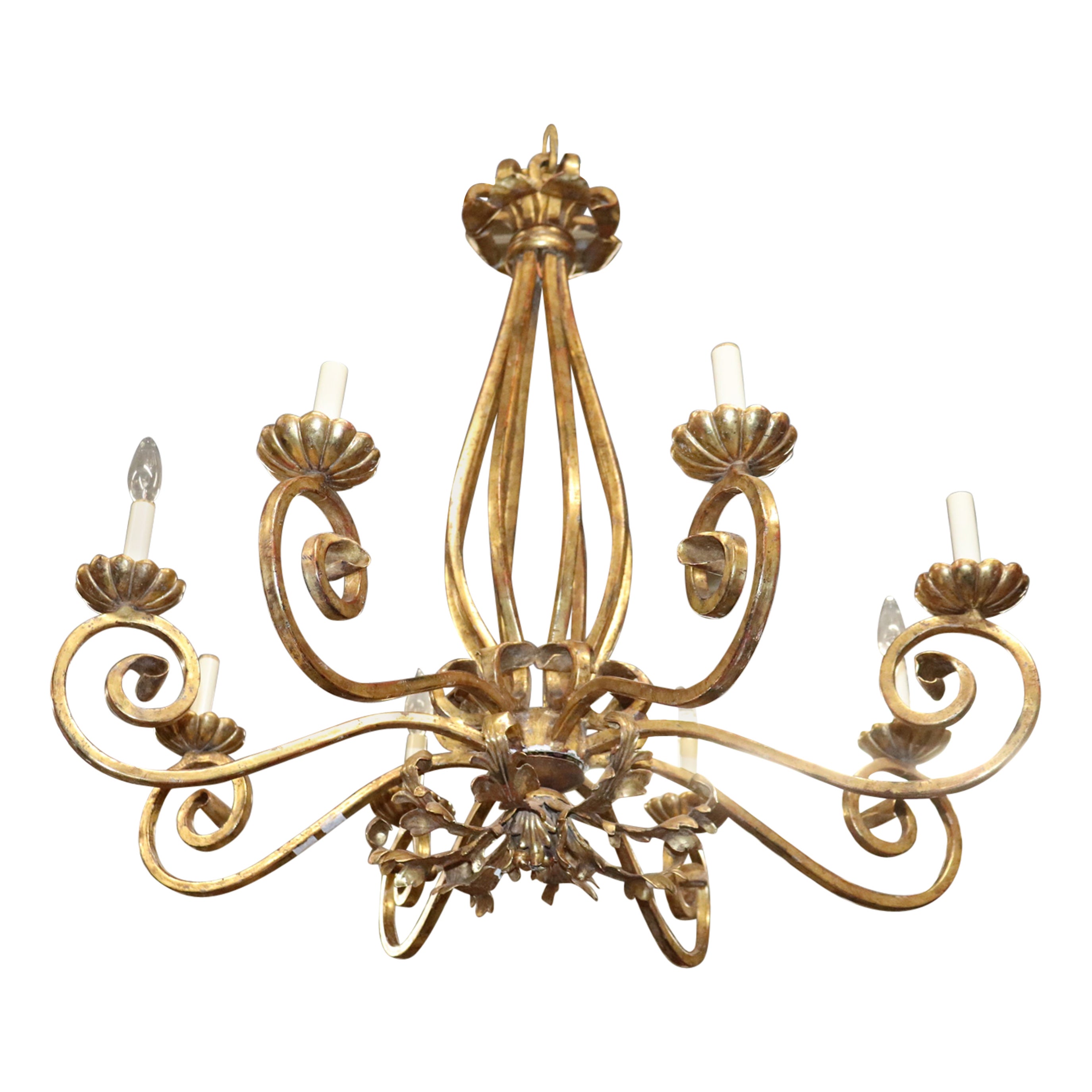 Bright Gilded Wrought Iron Italian 8 Light Hollywood Regency Chandelier