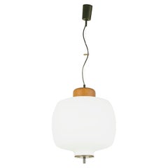 Opaline Glass Brass & Teak 1950s Pendant Lamp in the Style of Arredoluce