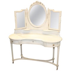 Distressed Painted French carved Ladies Louis XV Vanity Table with Mirrors 
