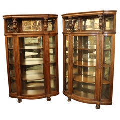Pair of R.J. Horner Carved Oak Mirrored Griffin Corner China Cabinets Cupboards