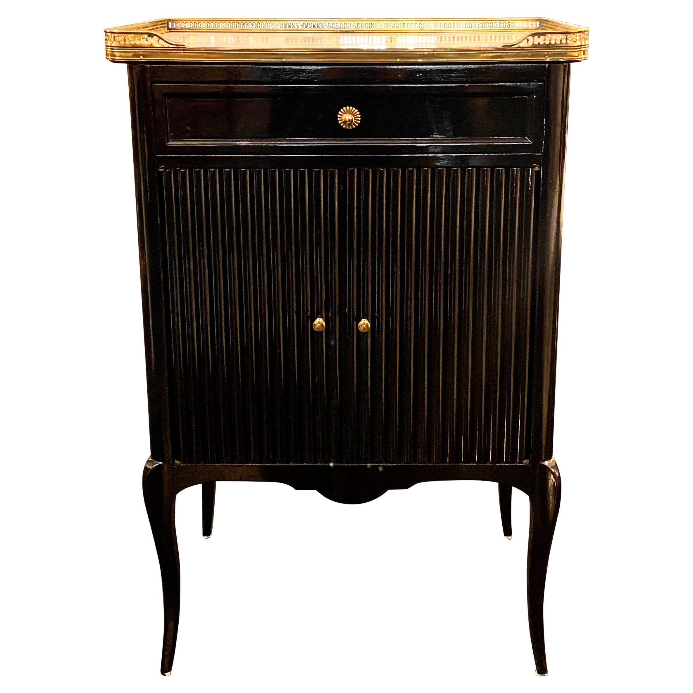 French Maison Jansen Style, Black-Lacquered Cabinet, Louis XVI Style, Marble Top