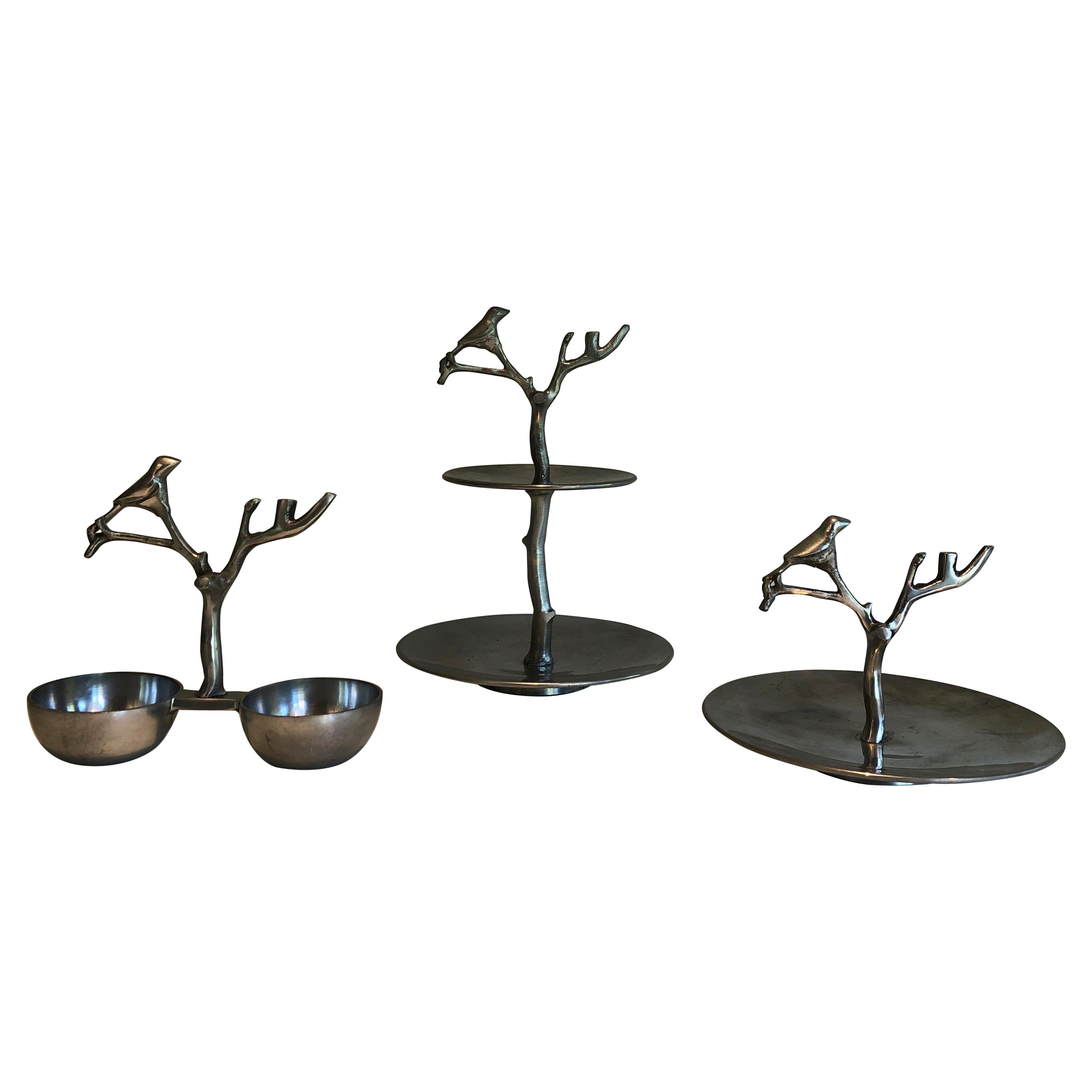 Set von 3 Aluminium-Serviergeschirrstücken mit Vögeln und Zweigen