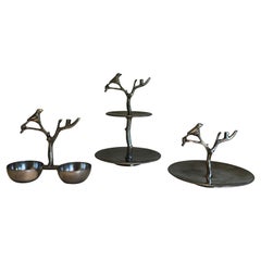 Set of 3 Aluminum Serving Pieces with Birds and Branches