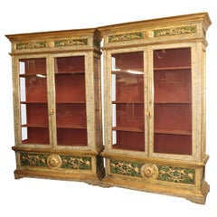Pair Large Faux Marble Painted Neoclassical Italian Bookcases China Cabinets