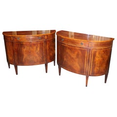 Rare Pair Baker Flame Mahogany Demilune Buffets Servers Commodes, Circa 1950