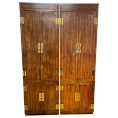 Henredon Tall Fitted Campaign Matching Cabinets Wardrobe Armoires, Pr